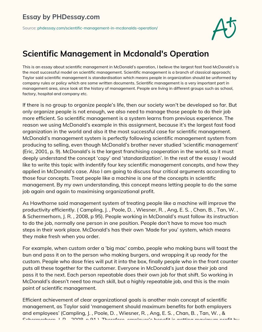 Scientific Management in Mcdonald’s Operation essay