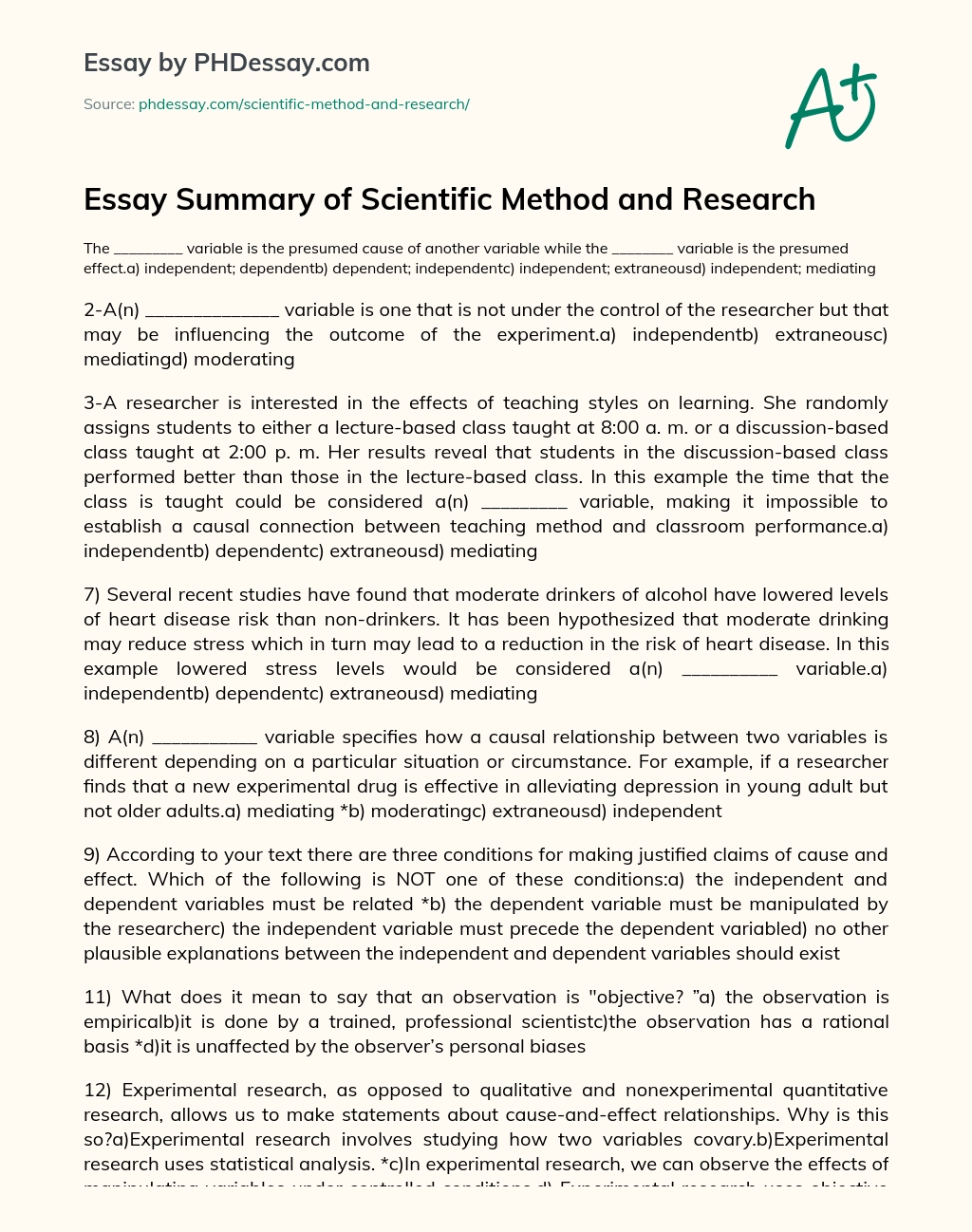 Essay Summary of Scientific Method and Research essay