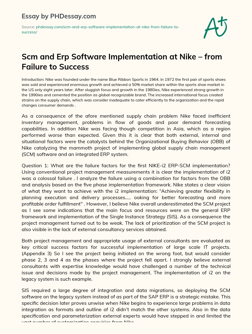 Scm and Erp Software Implementation at Nike – from Failure to Success essay