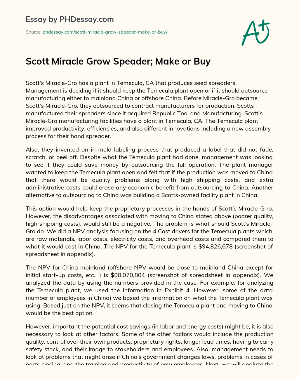 Scott Miracle Grow Speader; Make or Buy essay