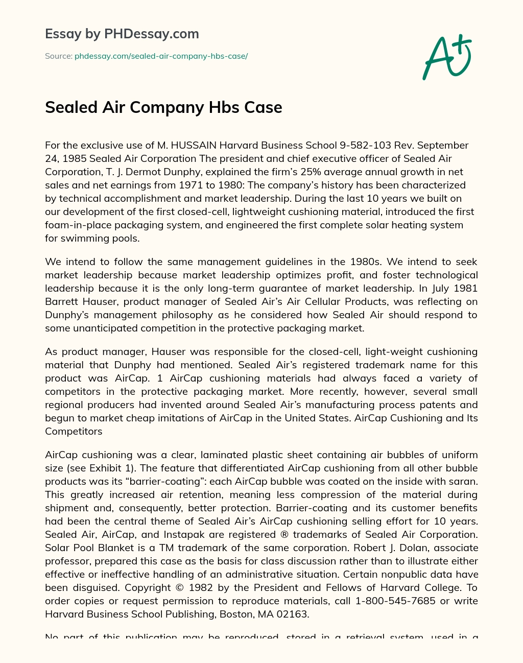 Sealed Air Company Hbs Case essay