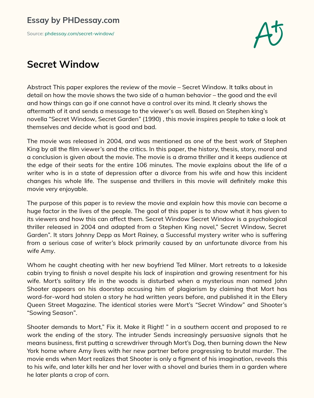Secret Window essay