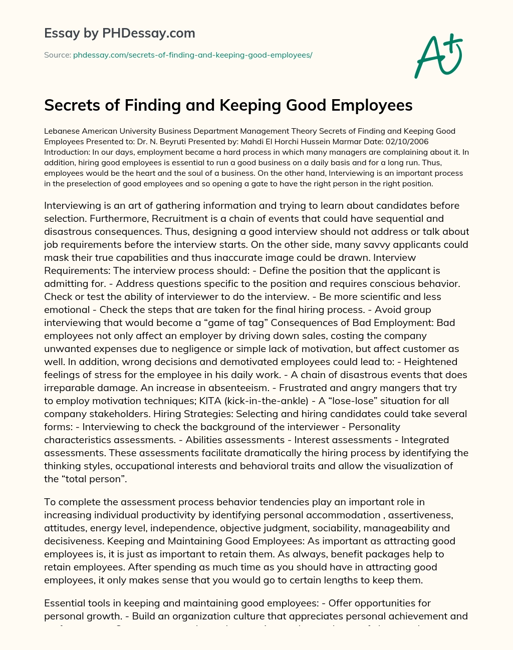 Secrets of Finding and Keeping Good Employees essay