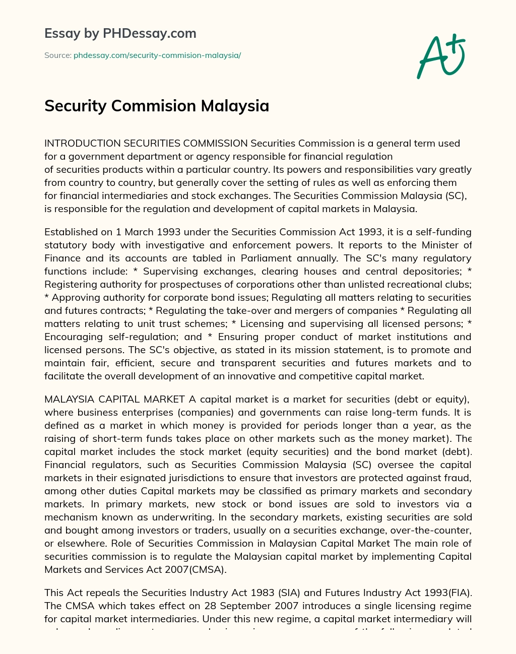 Security Commision Malaysia essay
