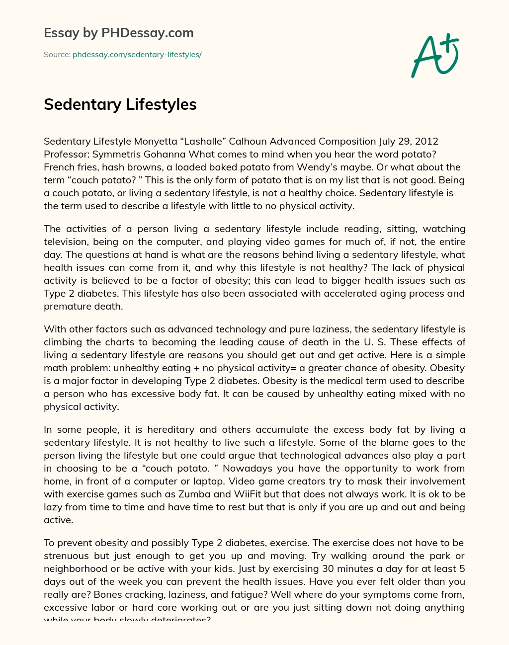Sedentary Lifestyles essay