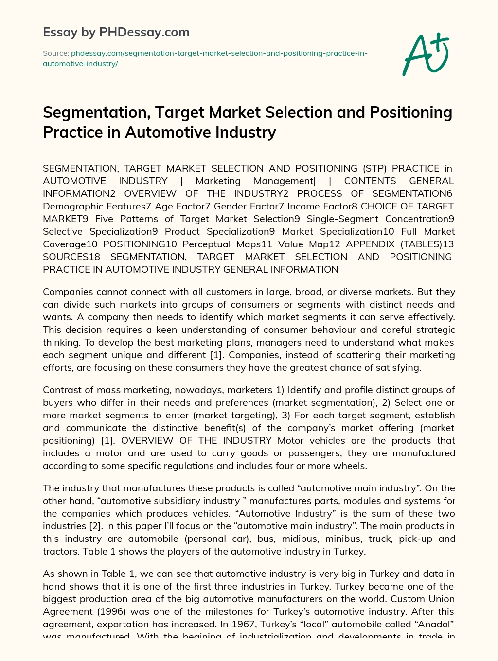 Segmentation, Target Market Selection and Positioning Practice in Automotive Industry essay