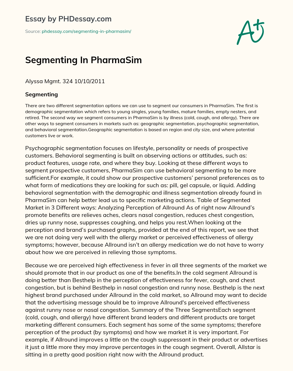 Segmenting In PharmaSim essay