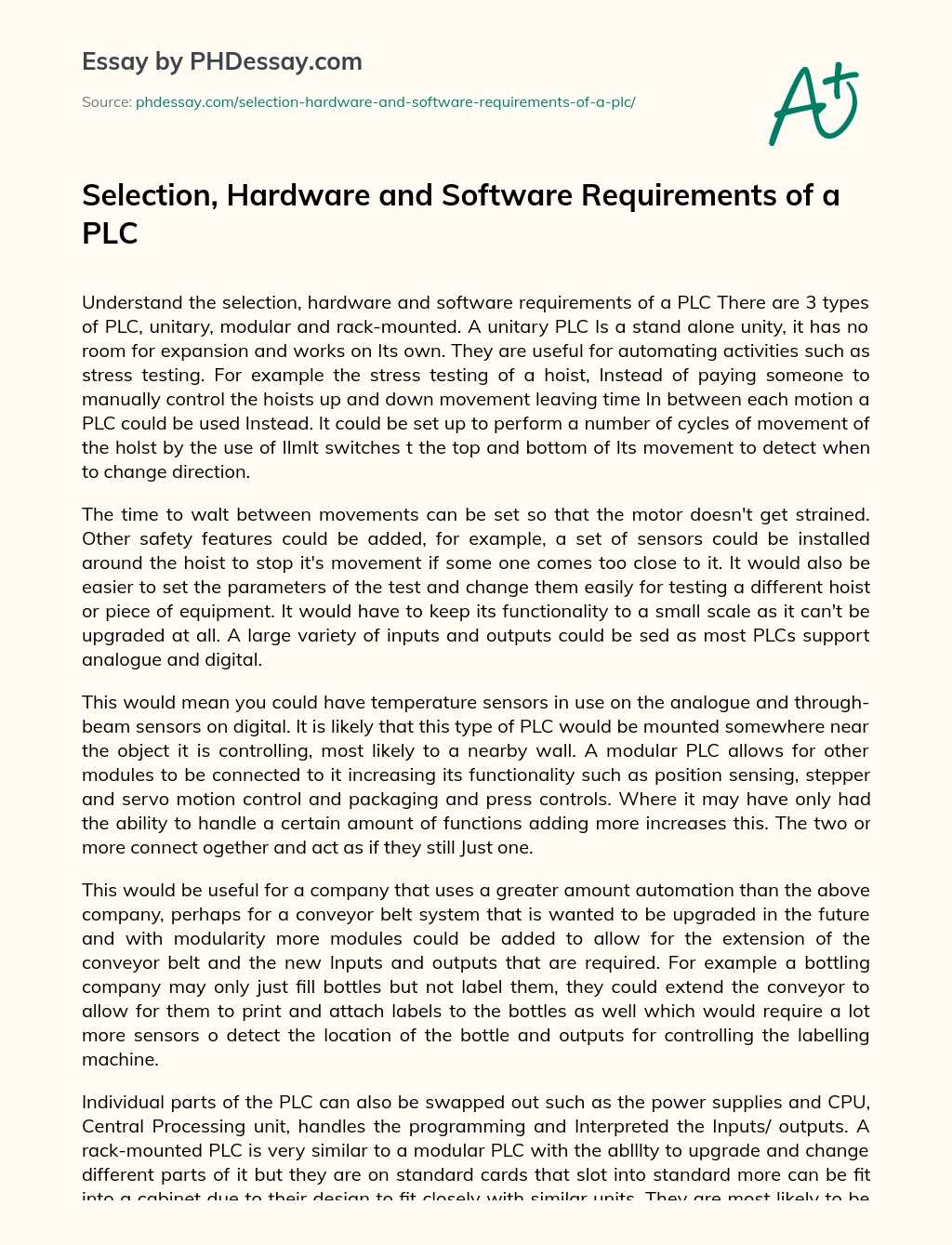 Selection, Hardware and Software Requirements of a PLC essay