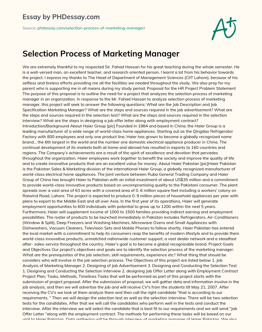 Selection Process of Marketing Manager essay