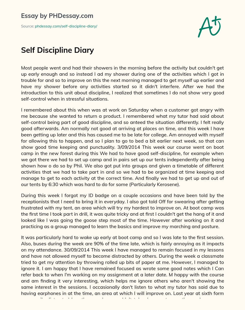 Self Discipline Diary essay
