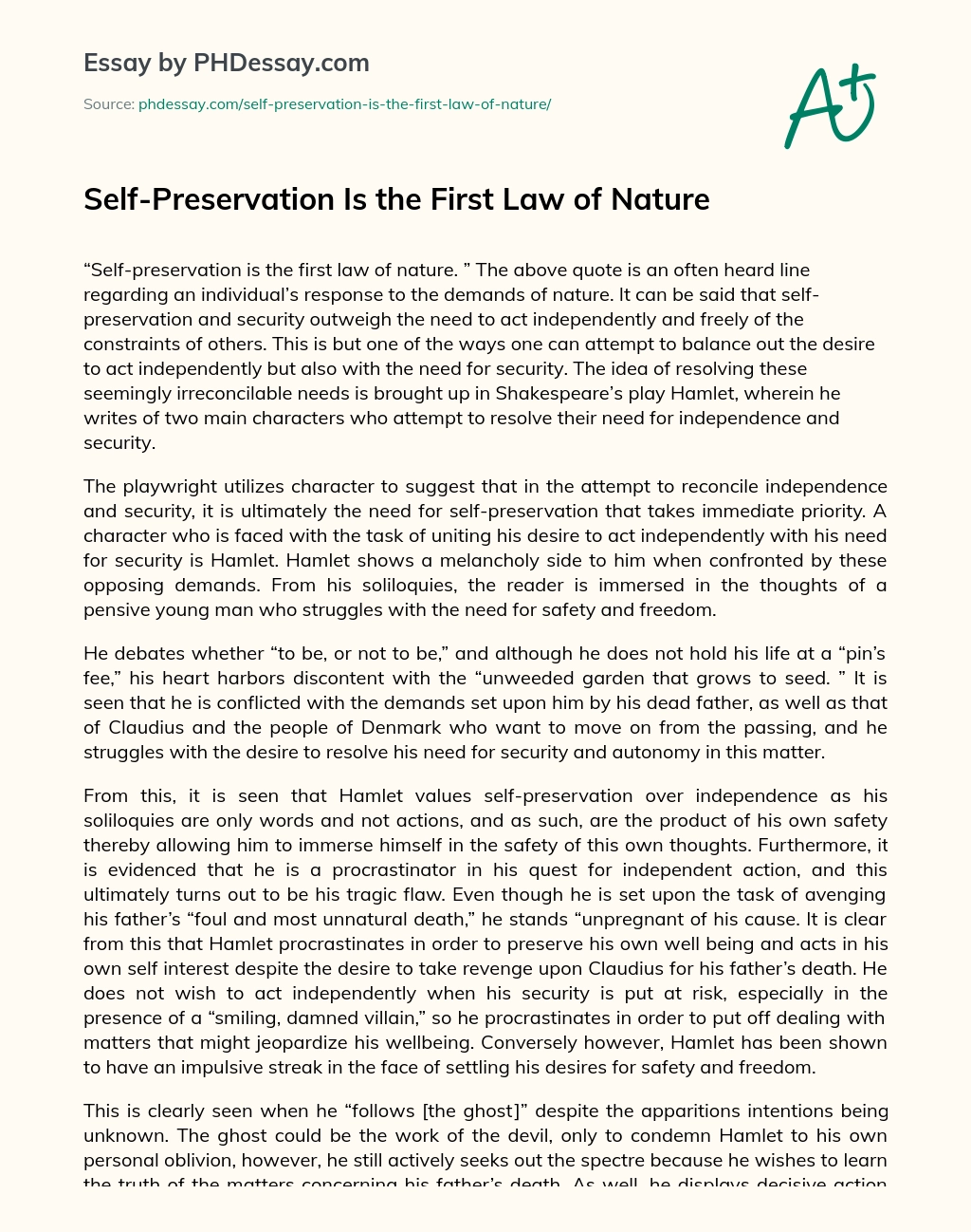 Self-Preservation Is the First Law of Nature essay