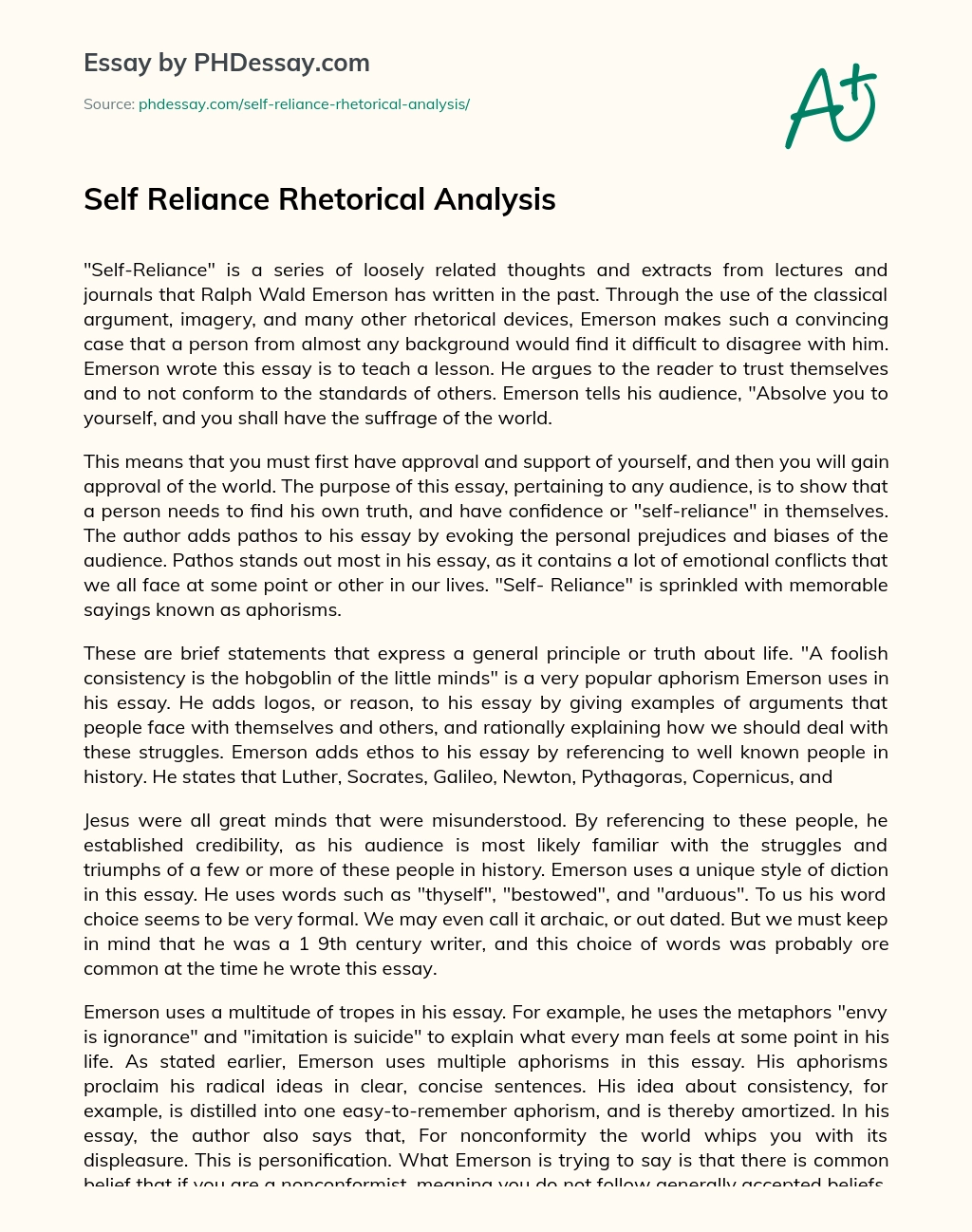 Self Reliance Rhetorical Analysis essay
