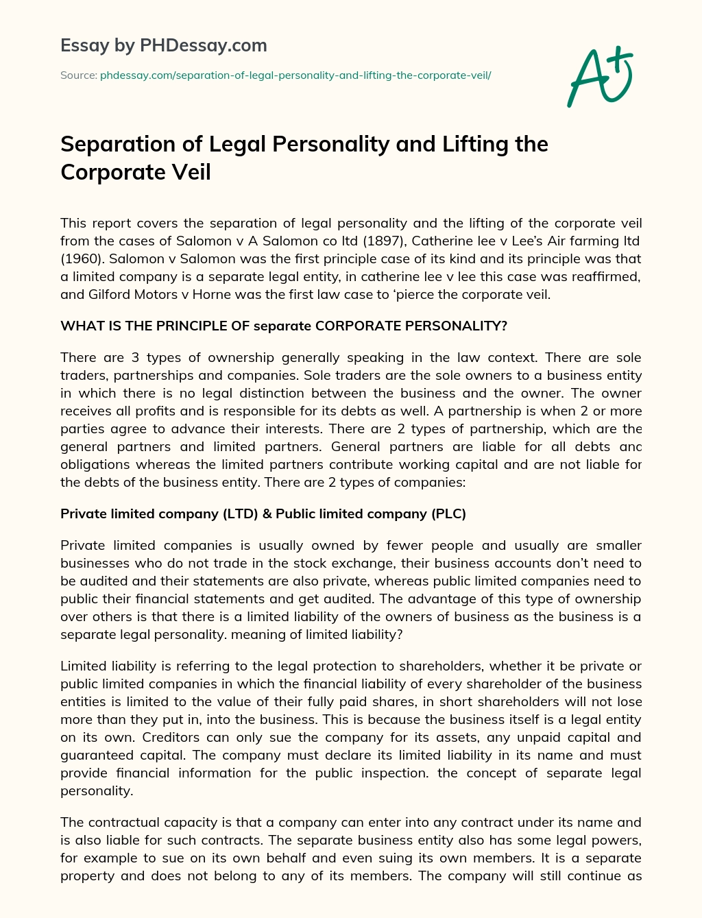 Separation of Legal Personality and Lifting the Corporate Veil essay