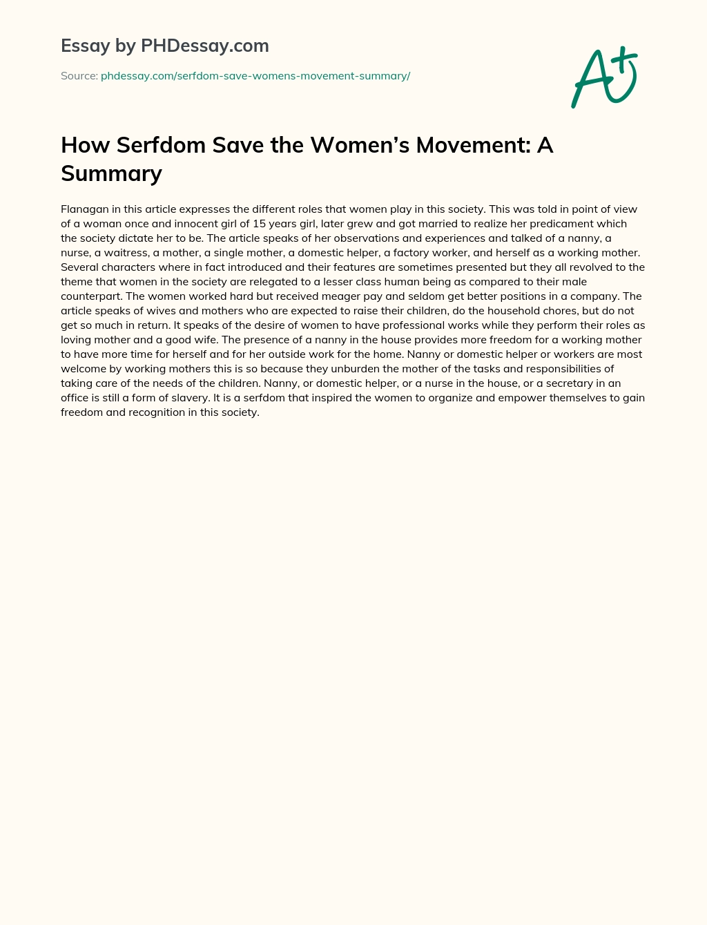 How Serfdom Save the Women’s Movement: A Summary essay
