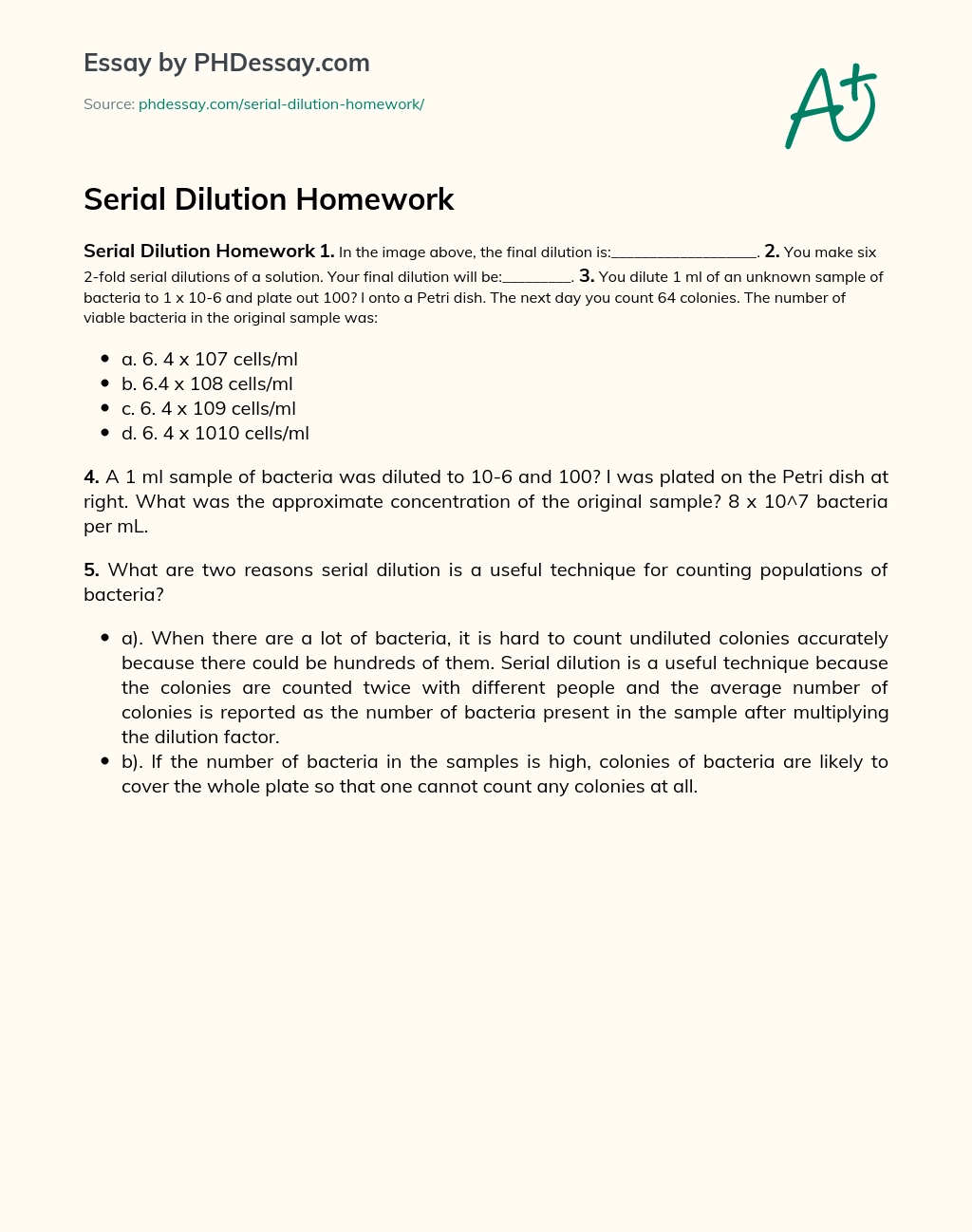 Serial Dilution Homework essay