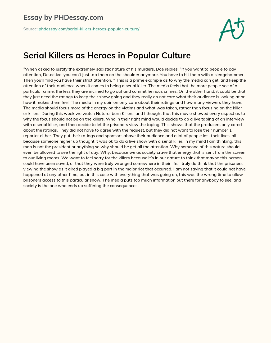 Serial Killers as Heroes in Popular Culture essay