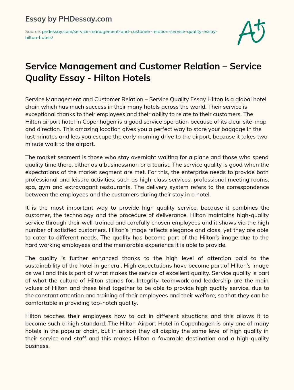 Service Management and Customer Relation – Service Quality Essay – Hilton Hotels essay
