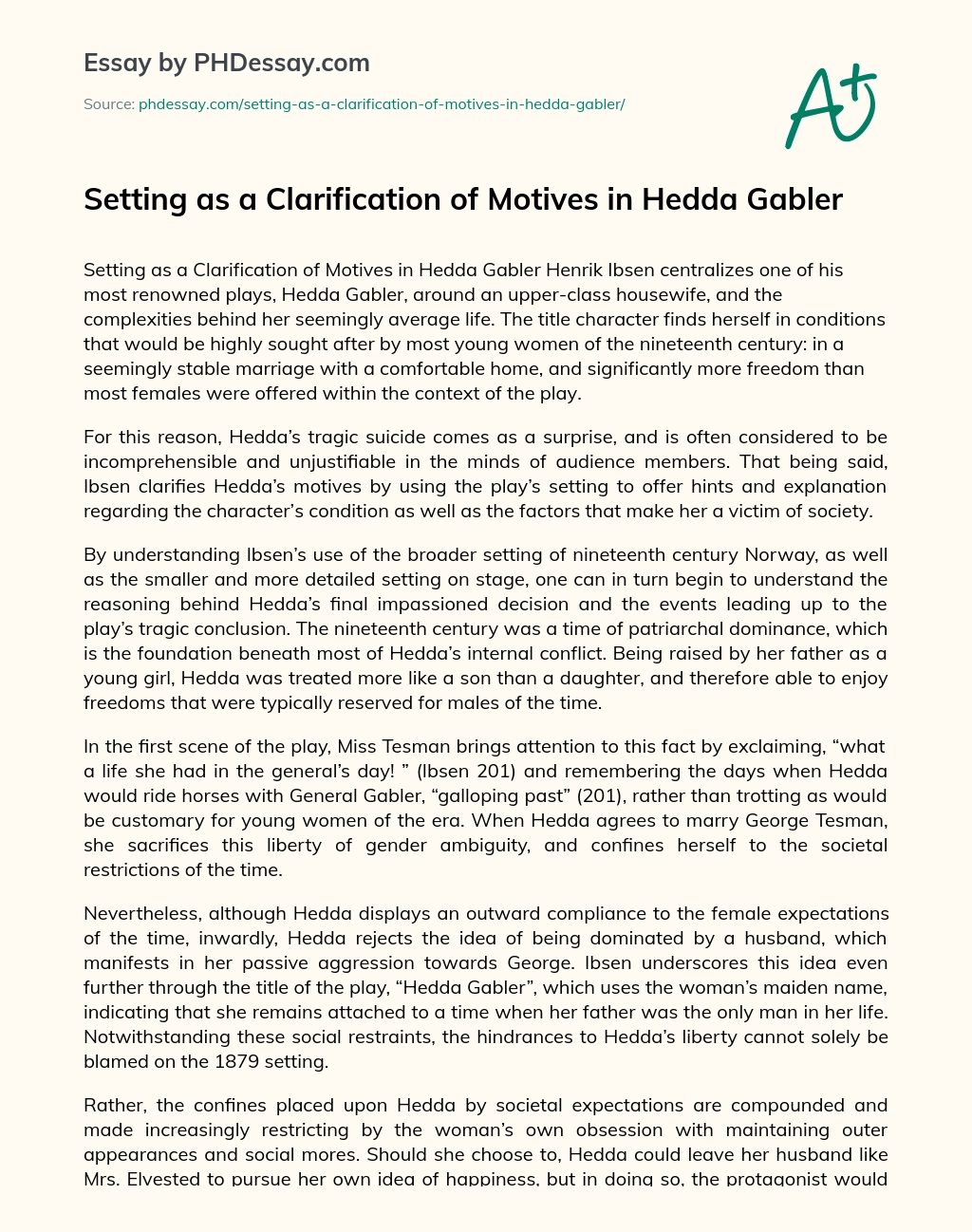 Setting as a Clarification of Motives in Hedda Gabler essay