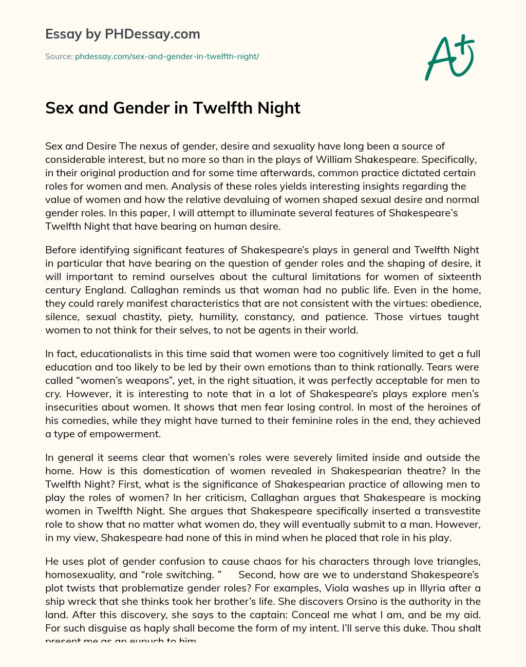 Sex and Gender in Twelfth Night essay