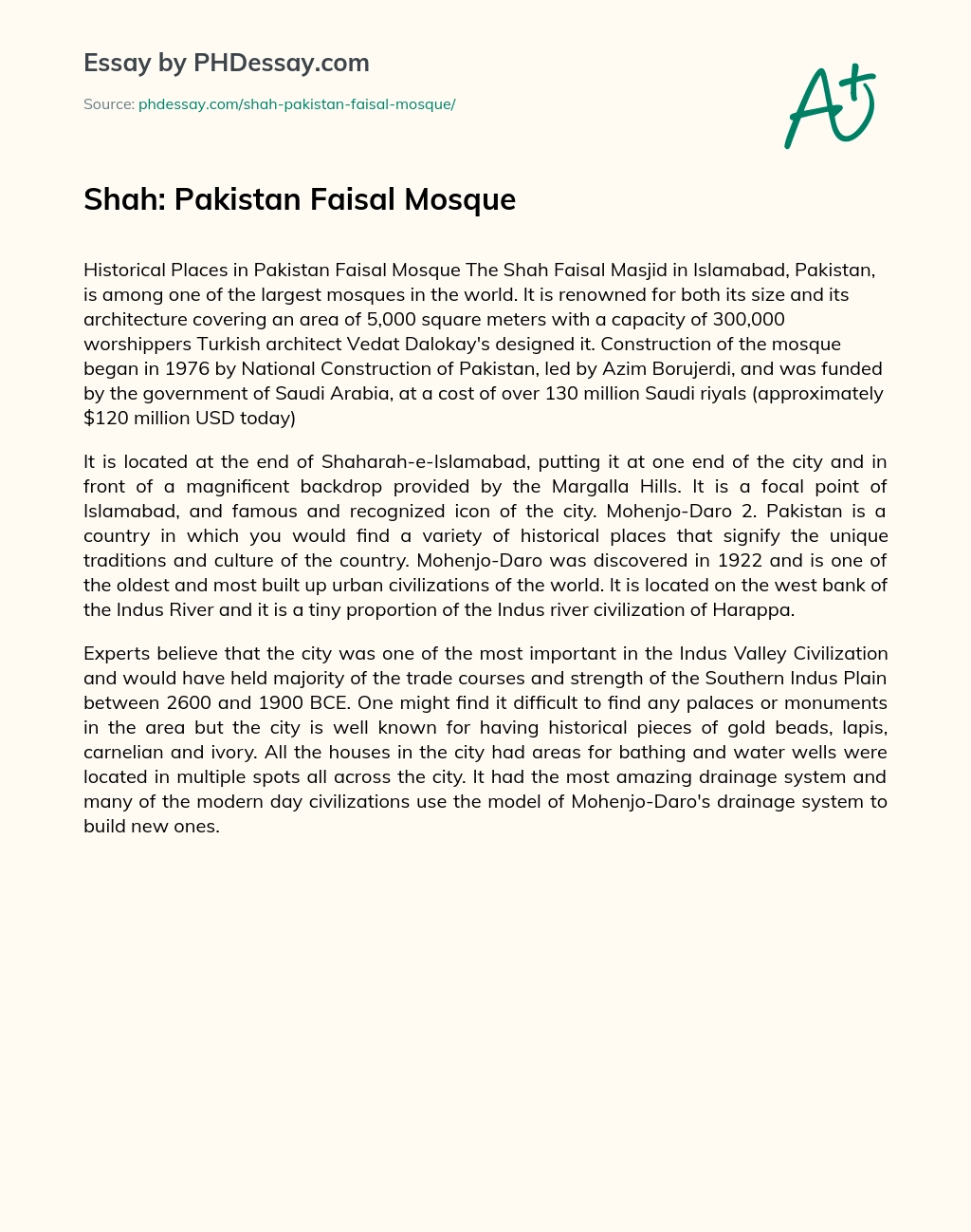 Shah: Pakistan Faisal Mosque essay