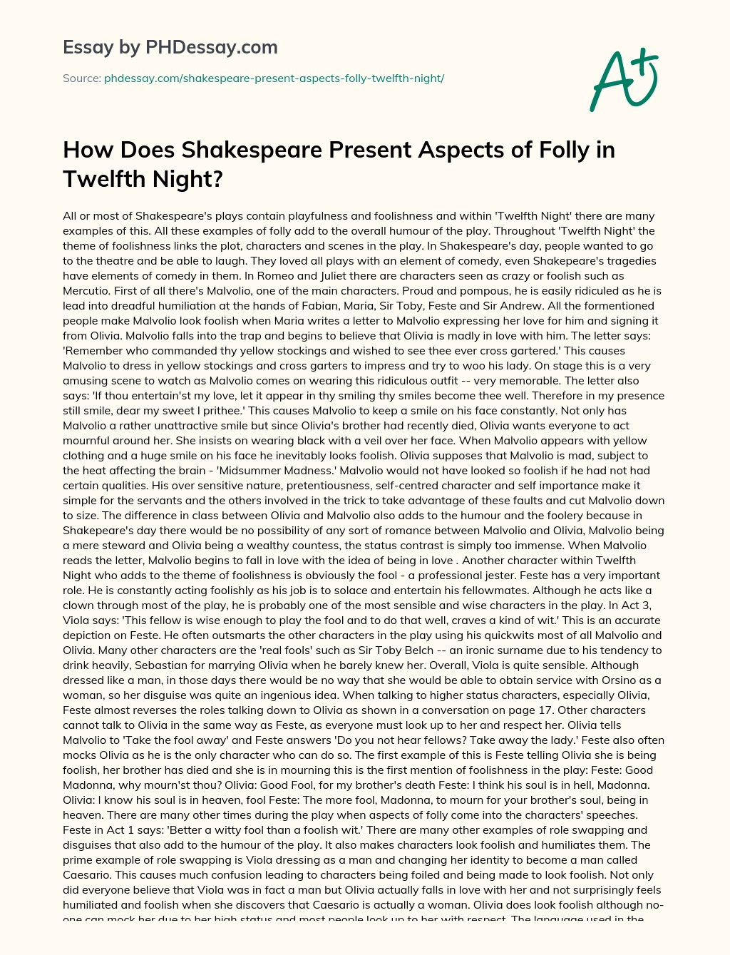 How Does Shakespeare Present Aspects of Folly in Twelfth Night? essay