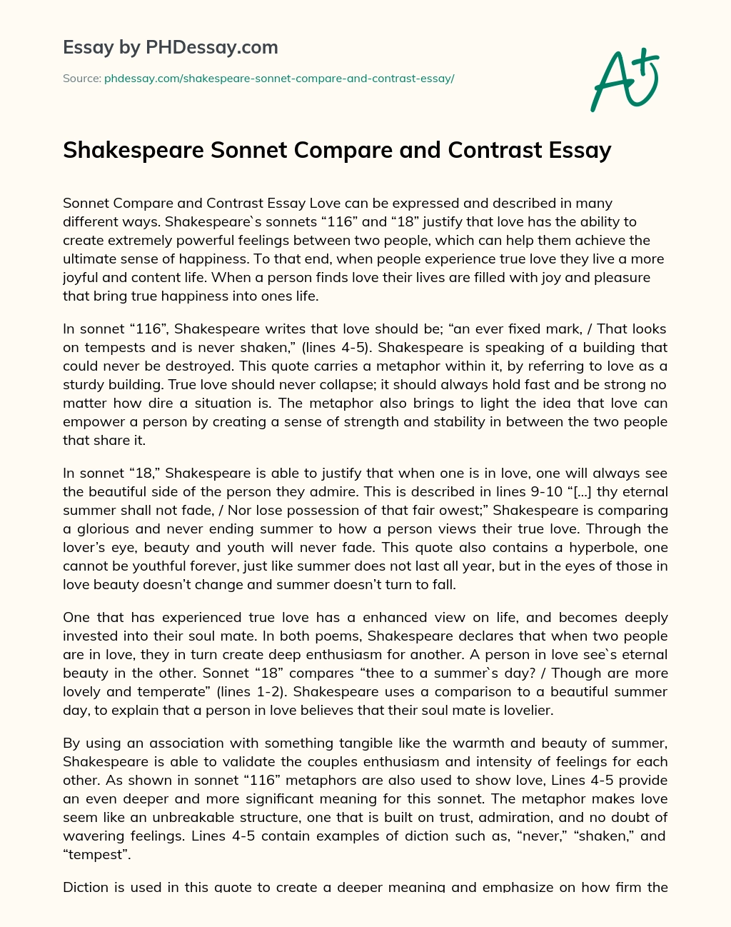 Shakespeare Sonnet Compare and Contrast Essay essay