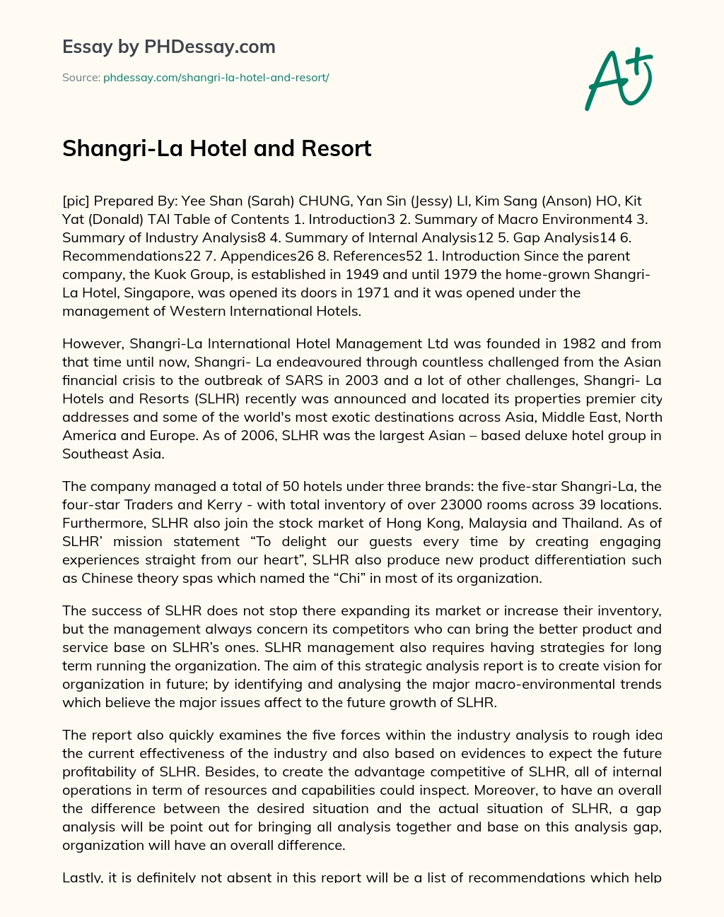 Shangri-La Hotel and Resort essay