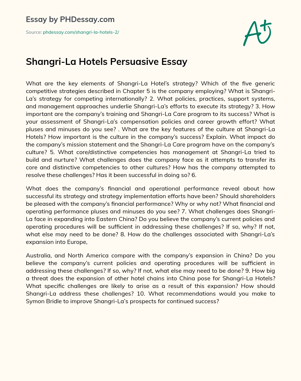 Shangri-La Hotels Persuasive Essay essay
