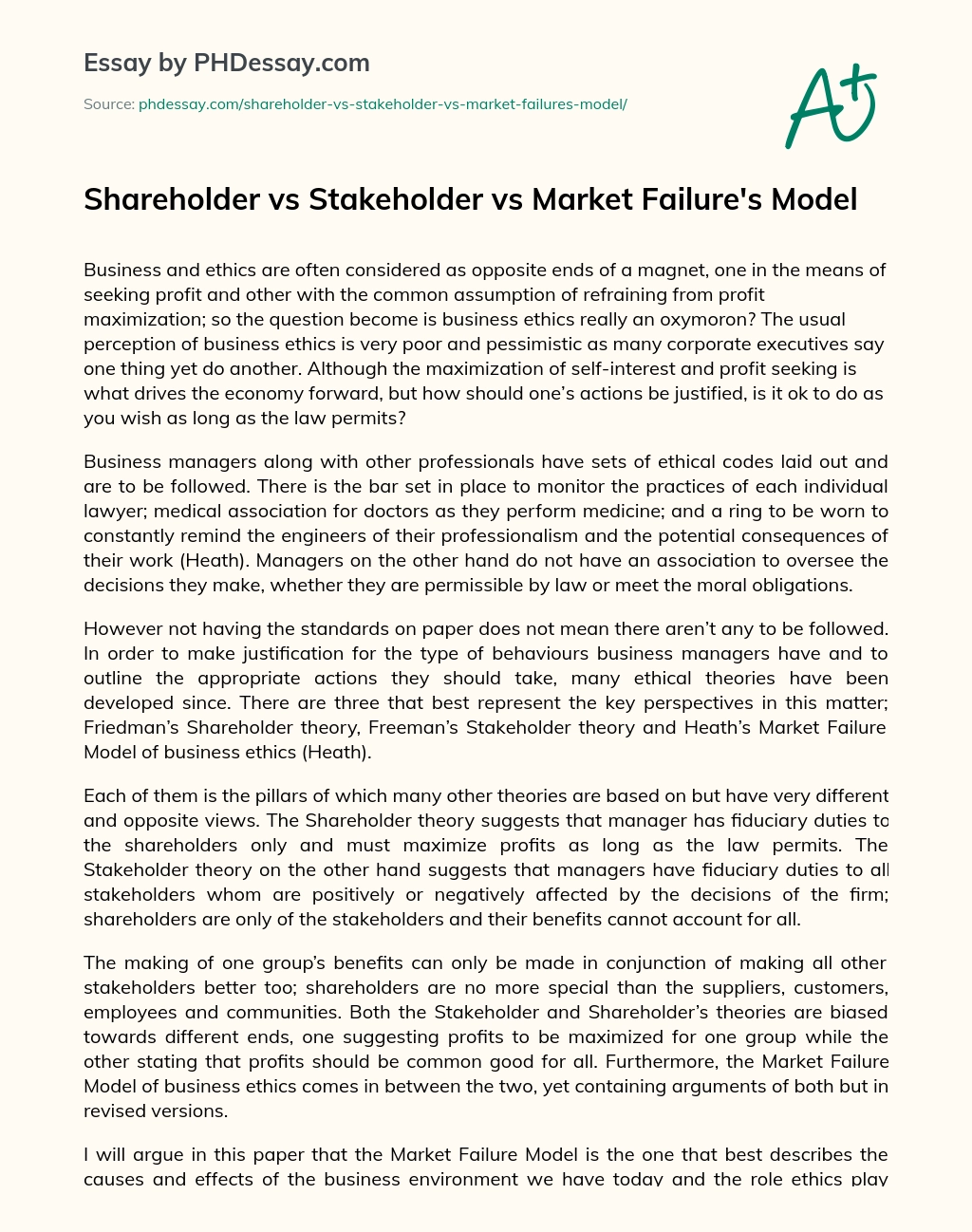 Shareholder vs Stakeholder vs Market Failure’s Model essay