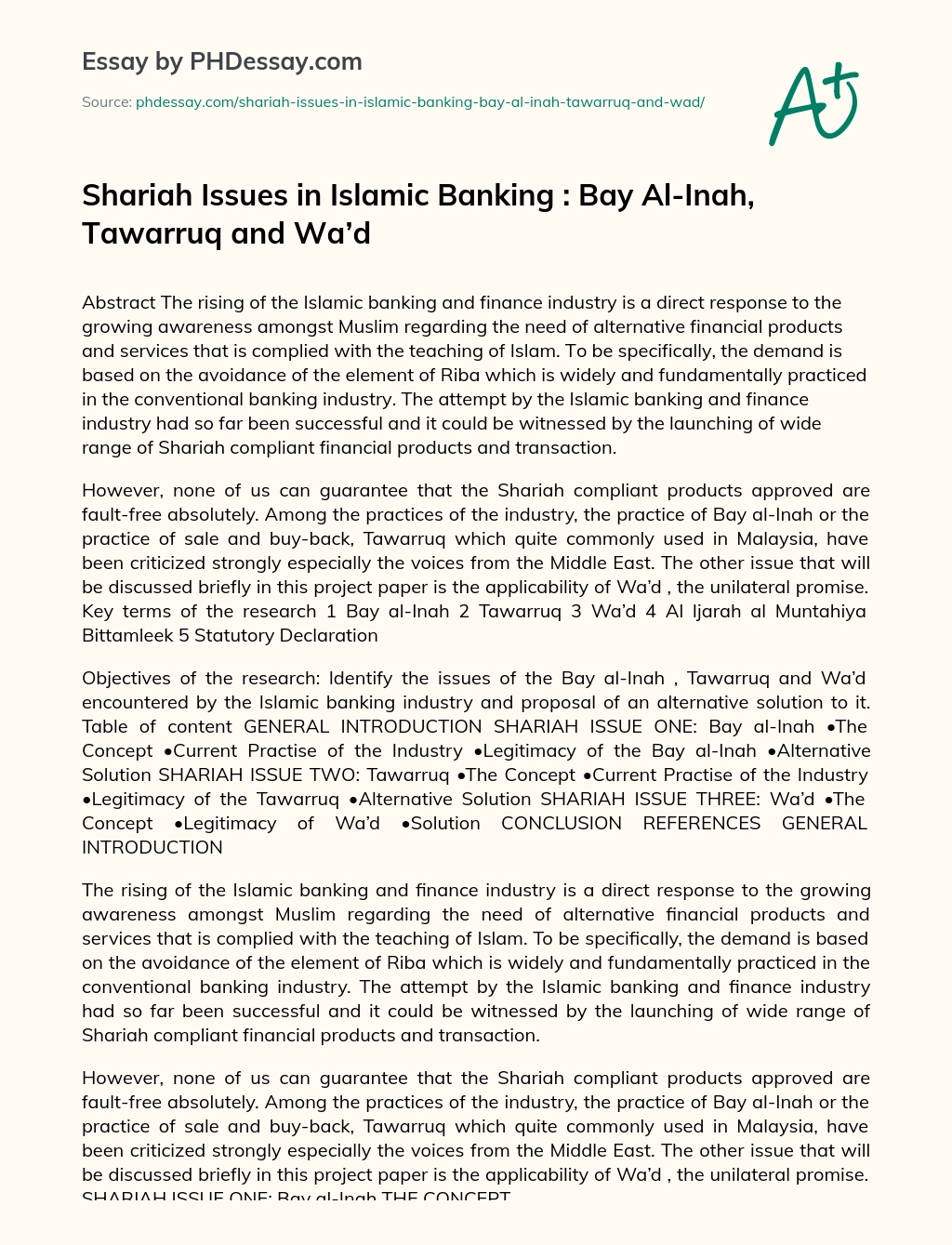 Shariah Issues in Islamic Banking : Bay Al-Inah, Tawarruq and Wa’d essay