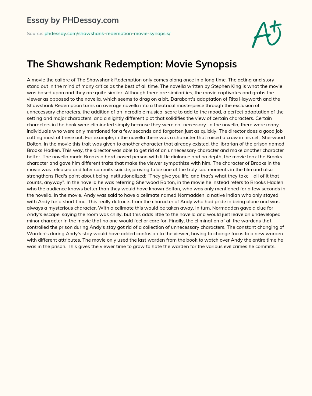The Shawshank Redemption: Movie Synopsis essay