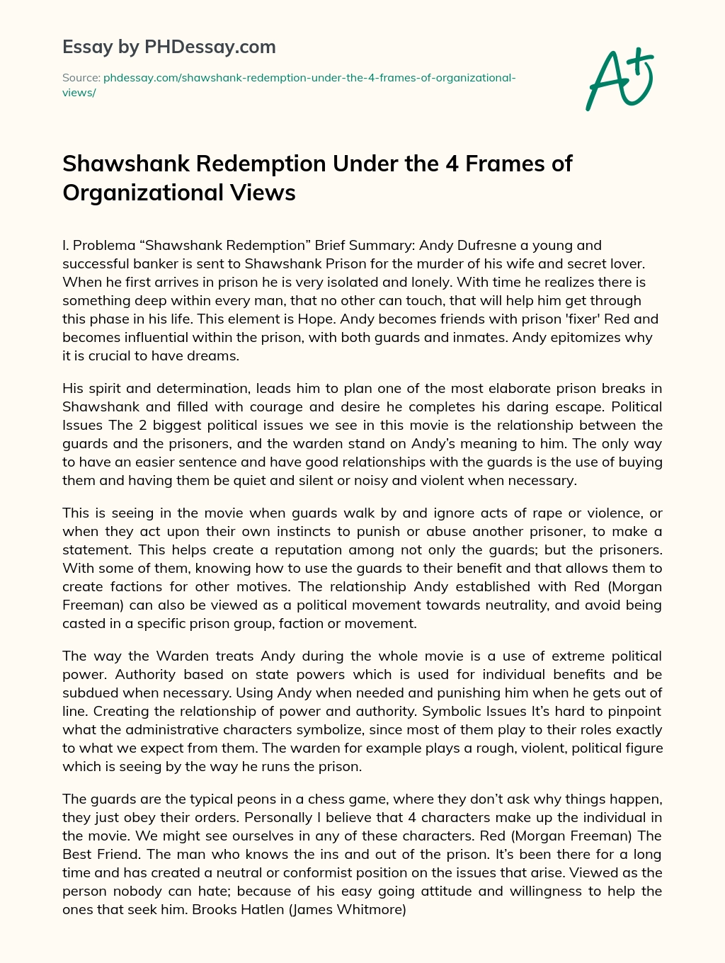Shawshank Redemption Under the 4 Frames of Organizational Views essay