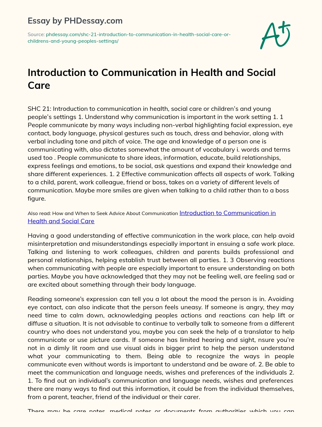 Introduction To Communication In Health, Social Care Or Children’s And Young People’s Settings essay