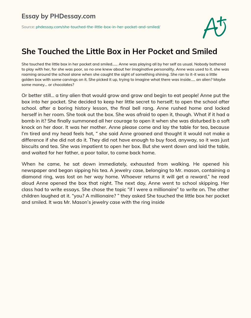 She Touched the Little Box in Her Pocket and Smiled essay