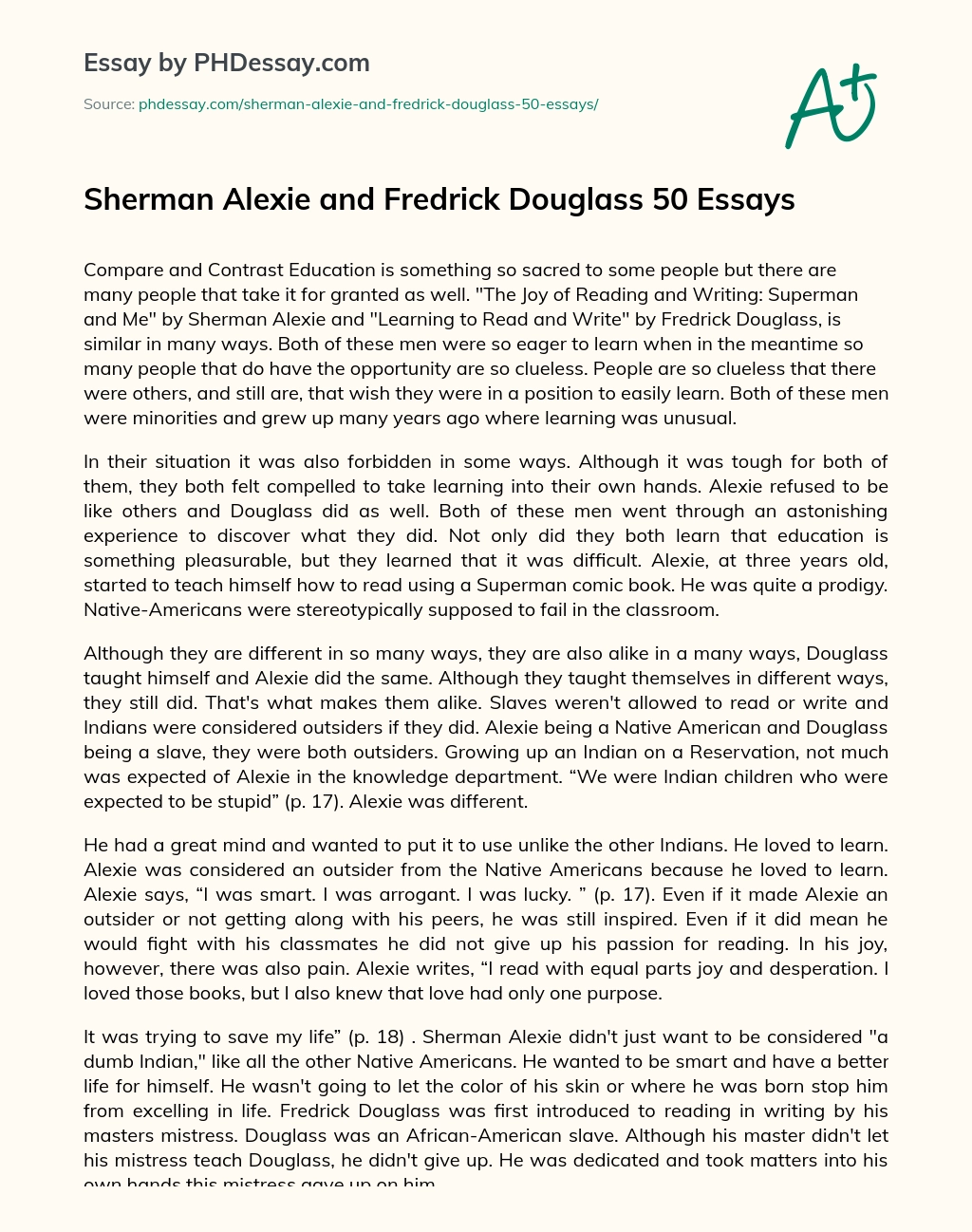 Sherman Alexie and Fredrick Douglass 50 Essays essay