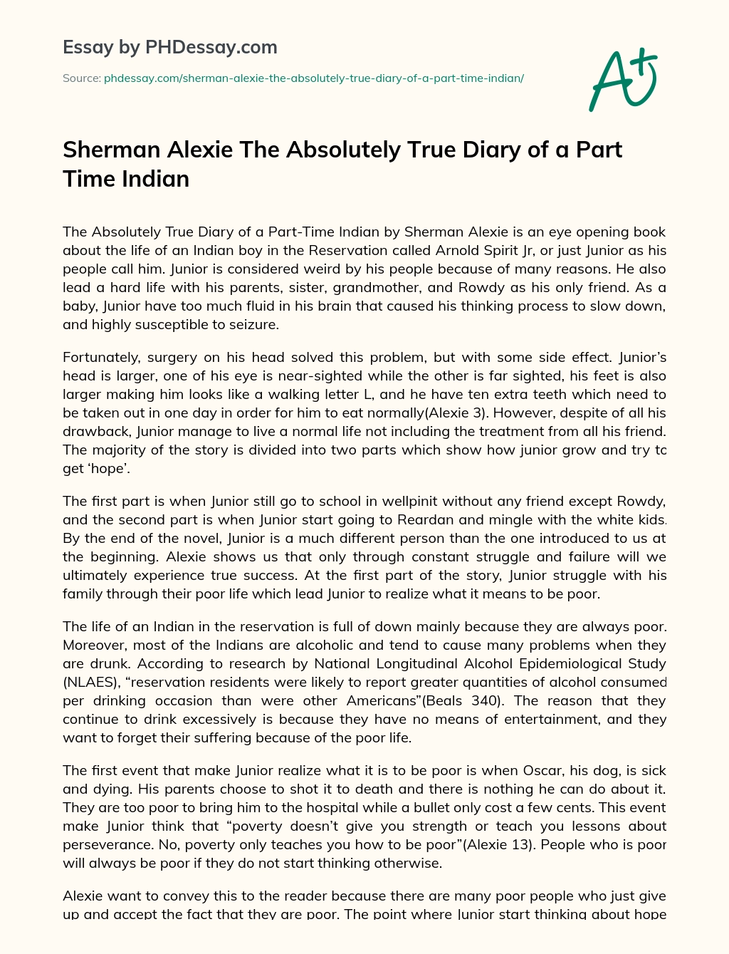 Sherman Alexie The Absolutely True Diary of a Part Time Indian essay