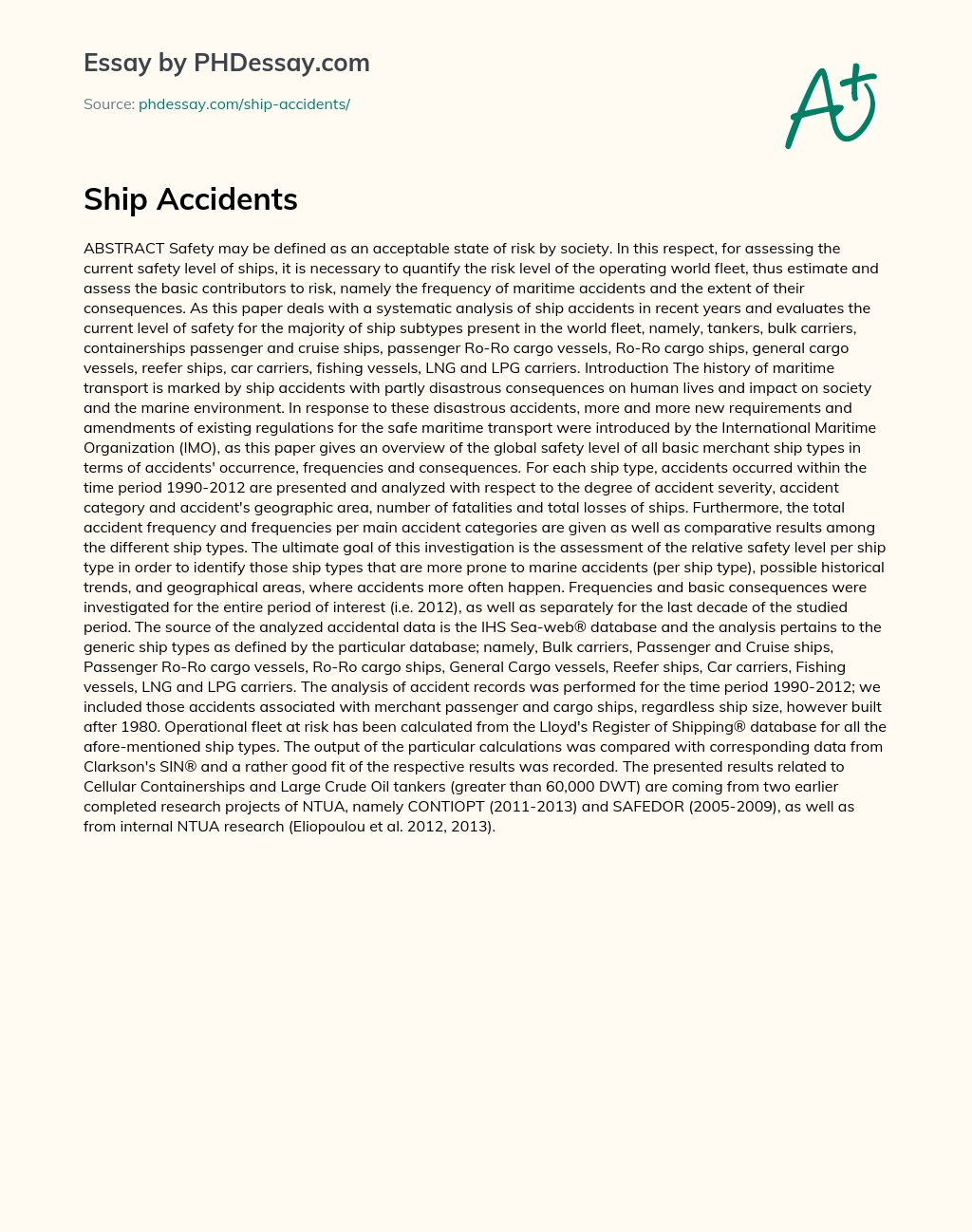 Ship Accidents Report Essay Example Words Phdessay Com