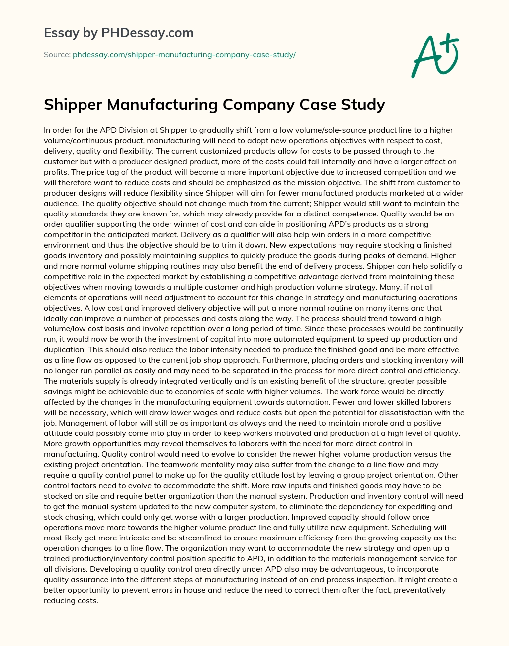 Shipper Manufacturing Company Case Study essay