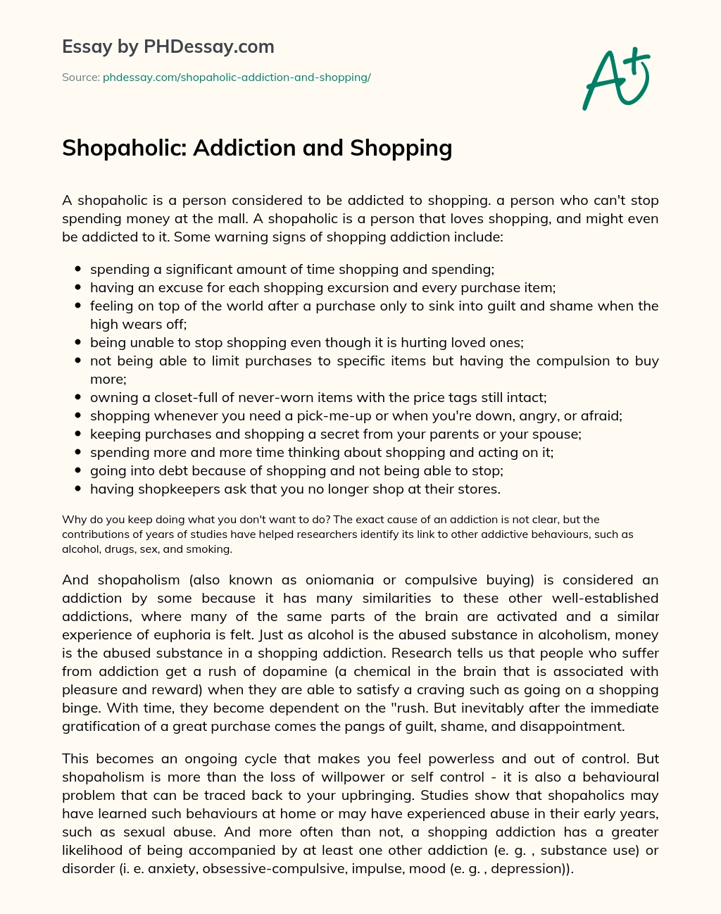 Shopaholic: Addiction and Shopping essay