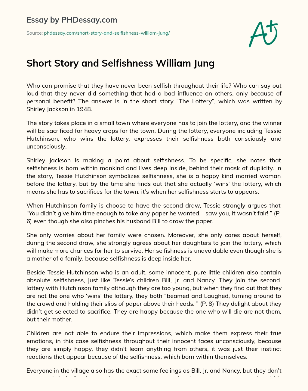 Short Story and Selfishness William Jung essay