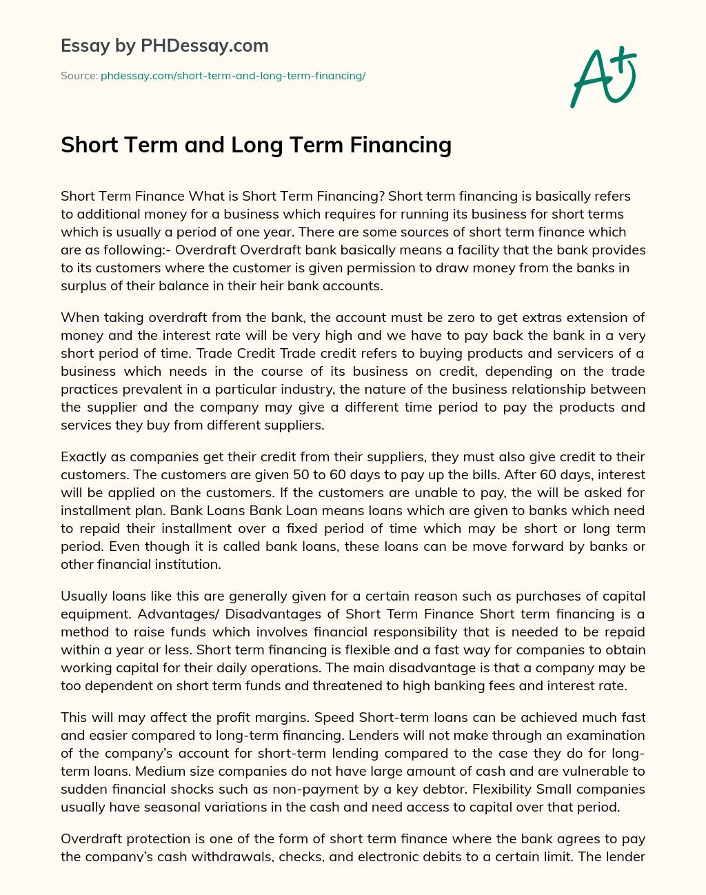 Short Term and Long Term Financing essay