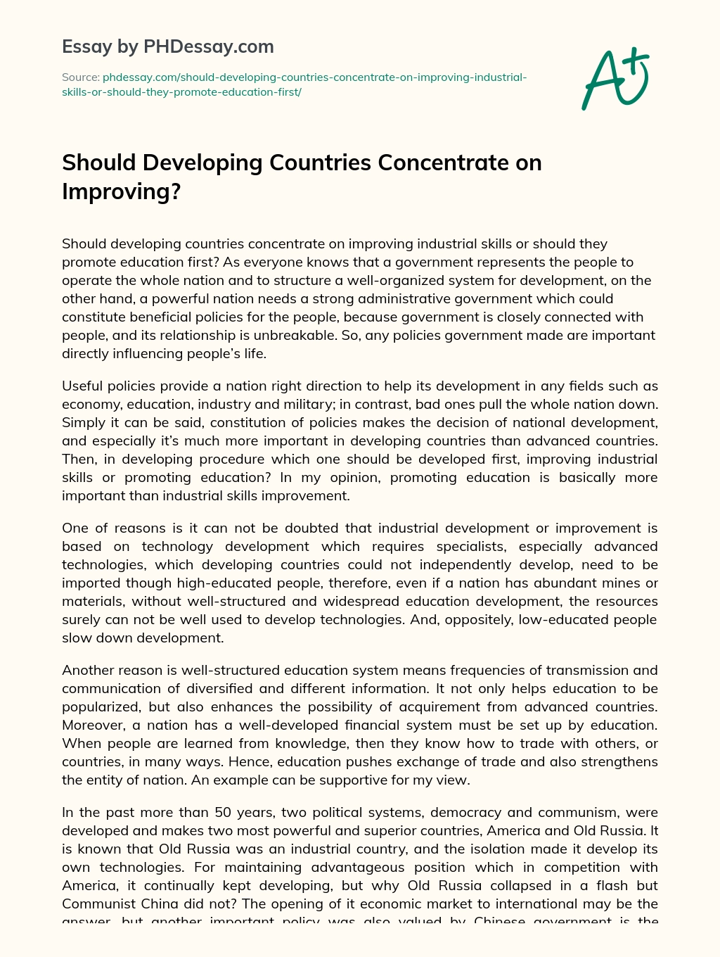 Should Developing Countries Concentrate on Improving? essay