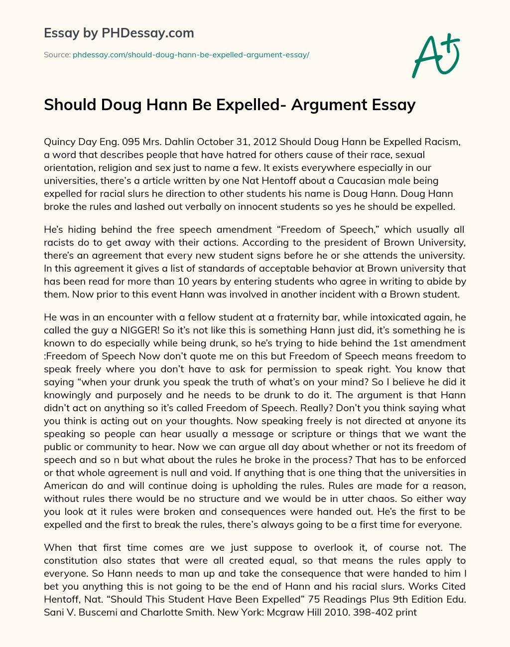 Should Doug Hann Be Expelled- Argument Essay essay