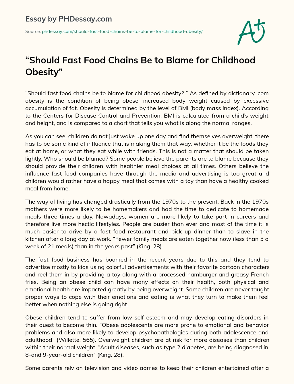 Should Fast Food Chains Be to Blame for Childhood Obesity essay