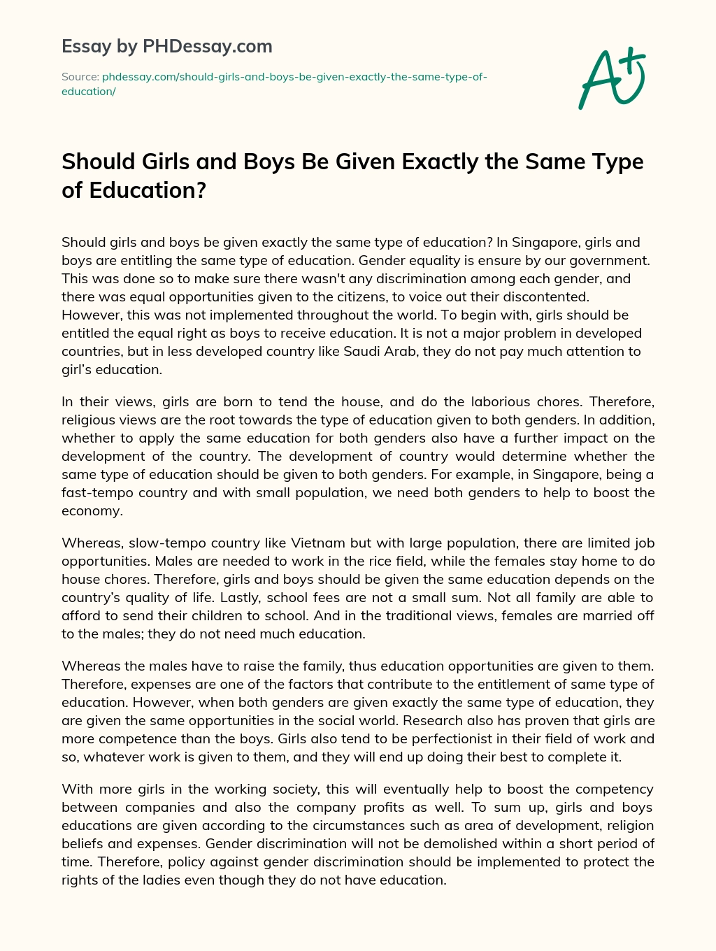 Should Girls and Boys Be Given Exactly the Same Type of Education? essay