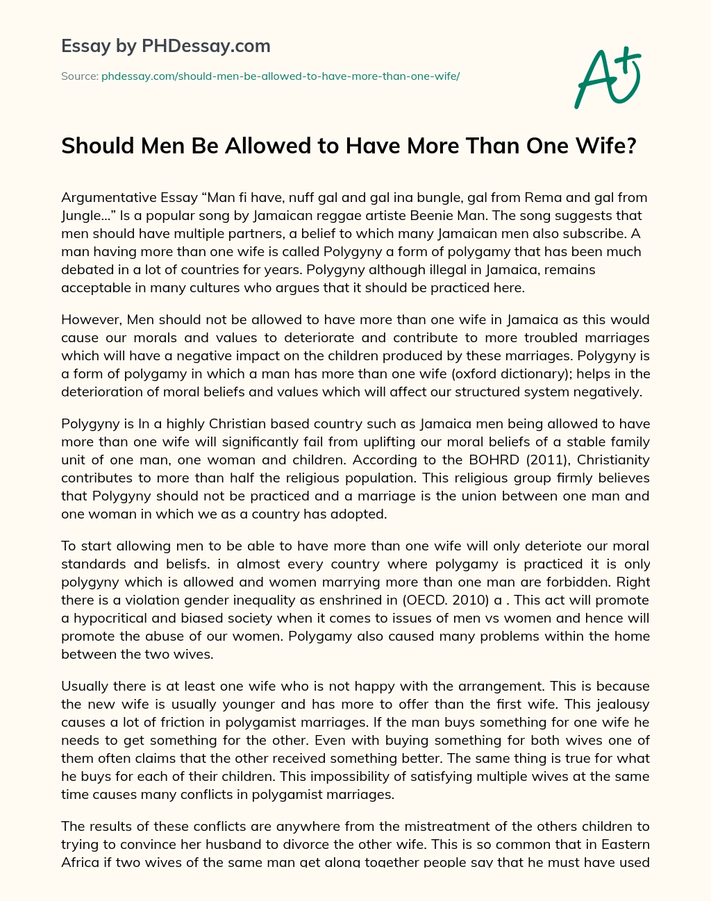Should Men Be Allowed to Have More Than One Wife? essay