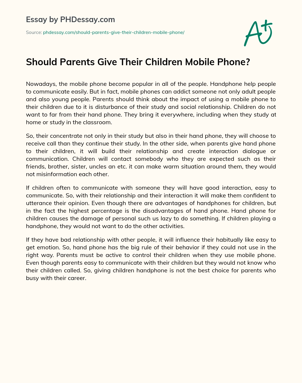 Should Parents Give Their Children Mobile Phone? essay