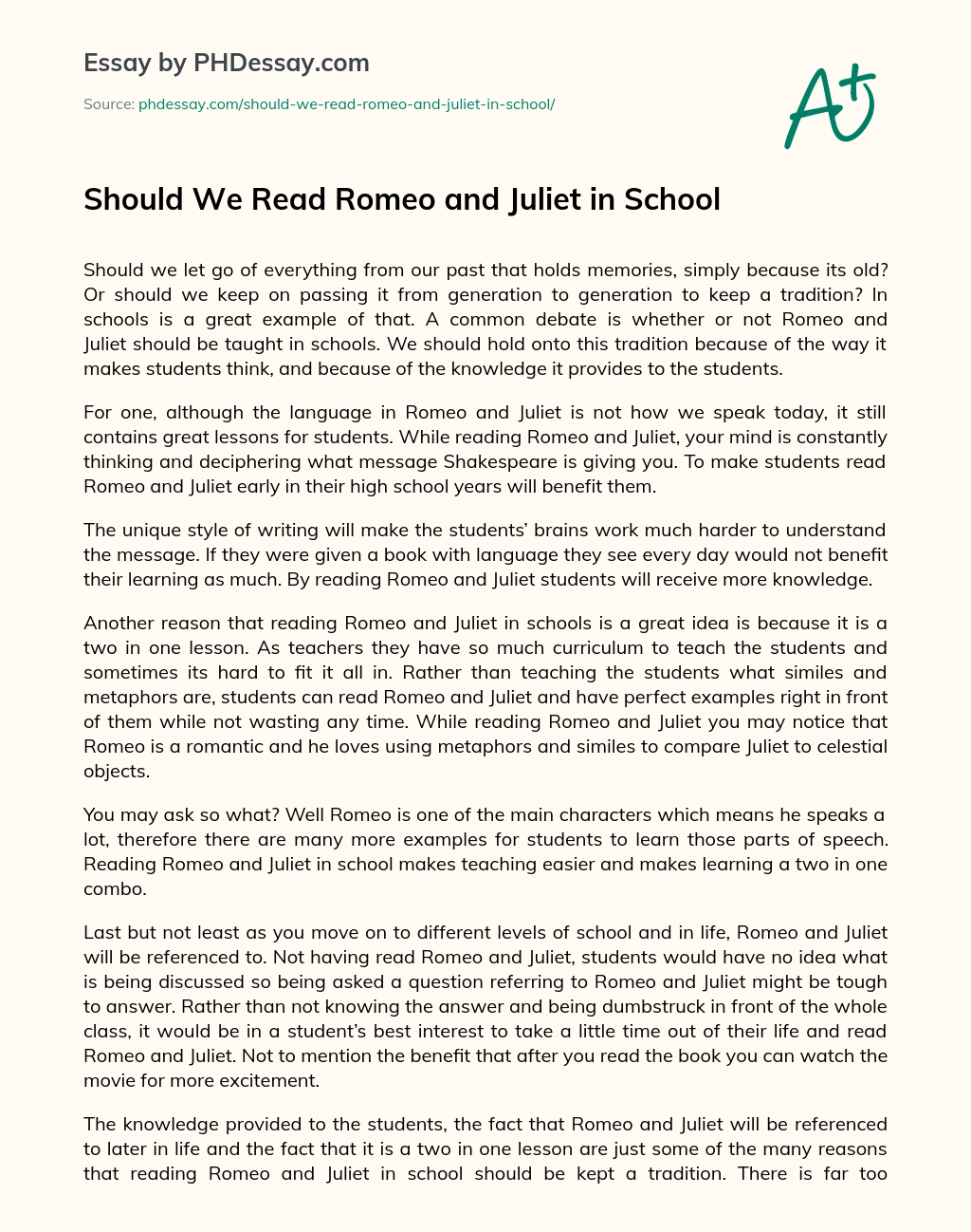 Should We Read Romeo and Juliet in School essay