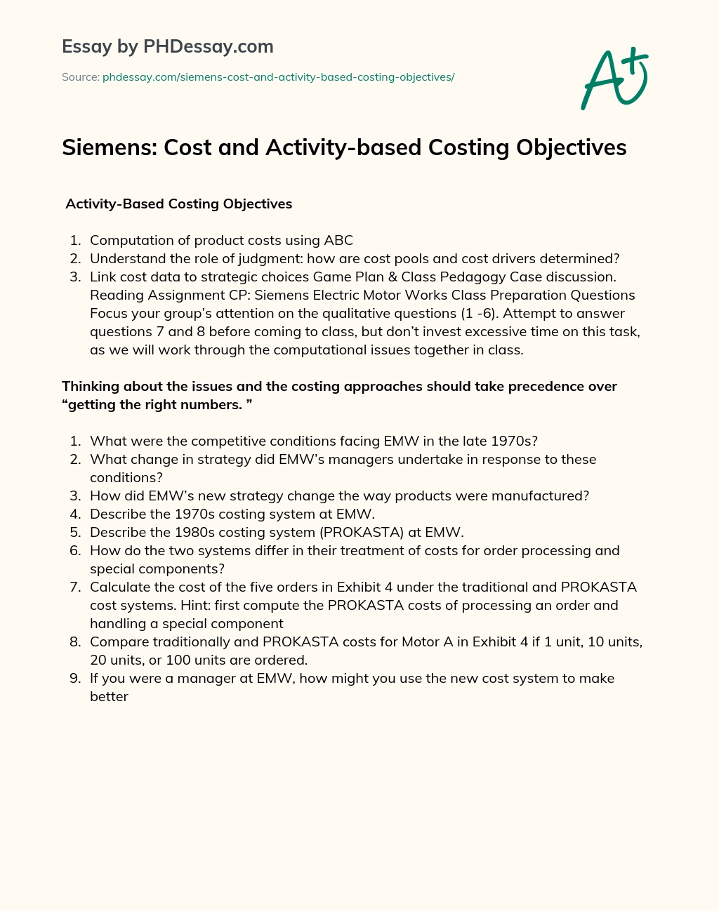Siemens: Cost and Activity-based Costing Objectives essay
