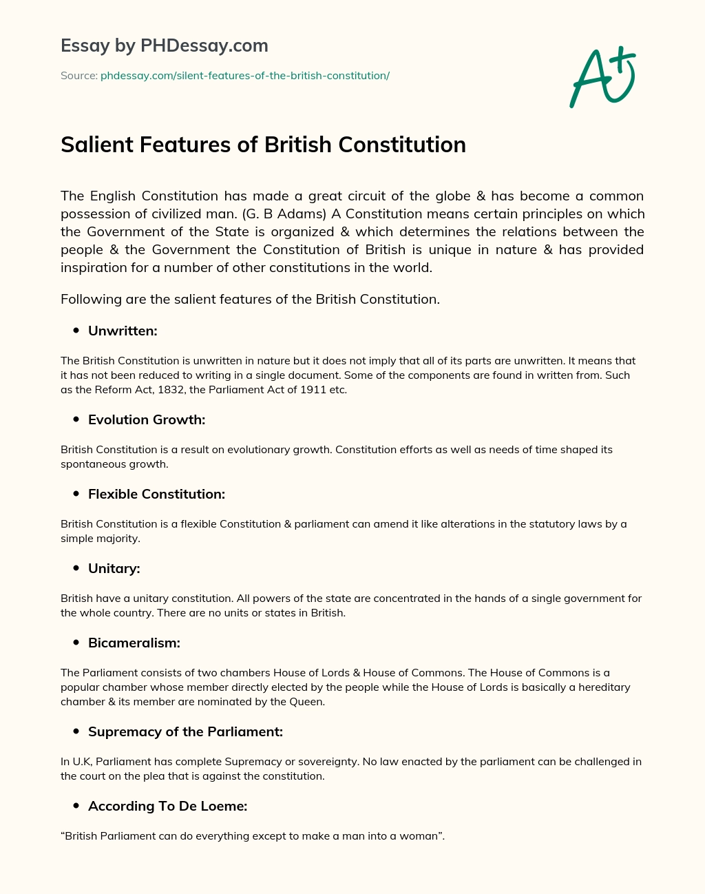 Salient Features of British Constitution essay